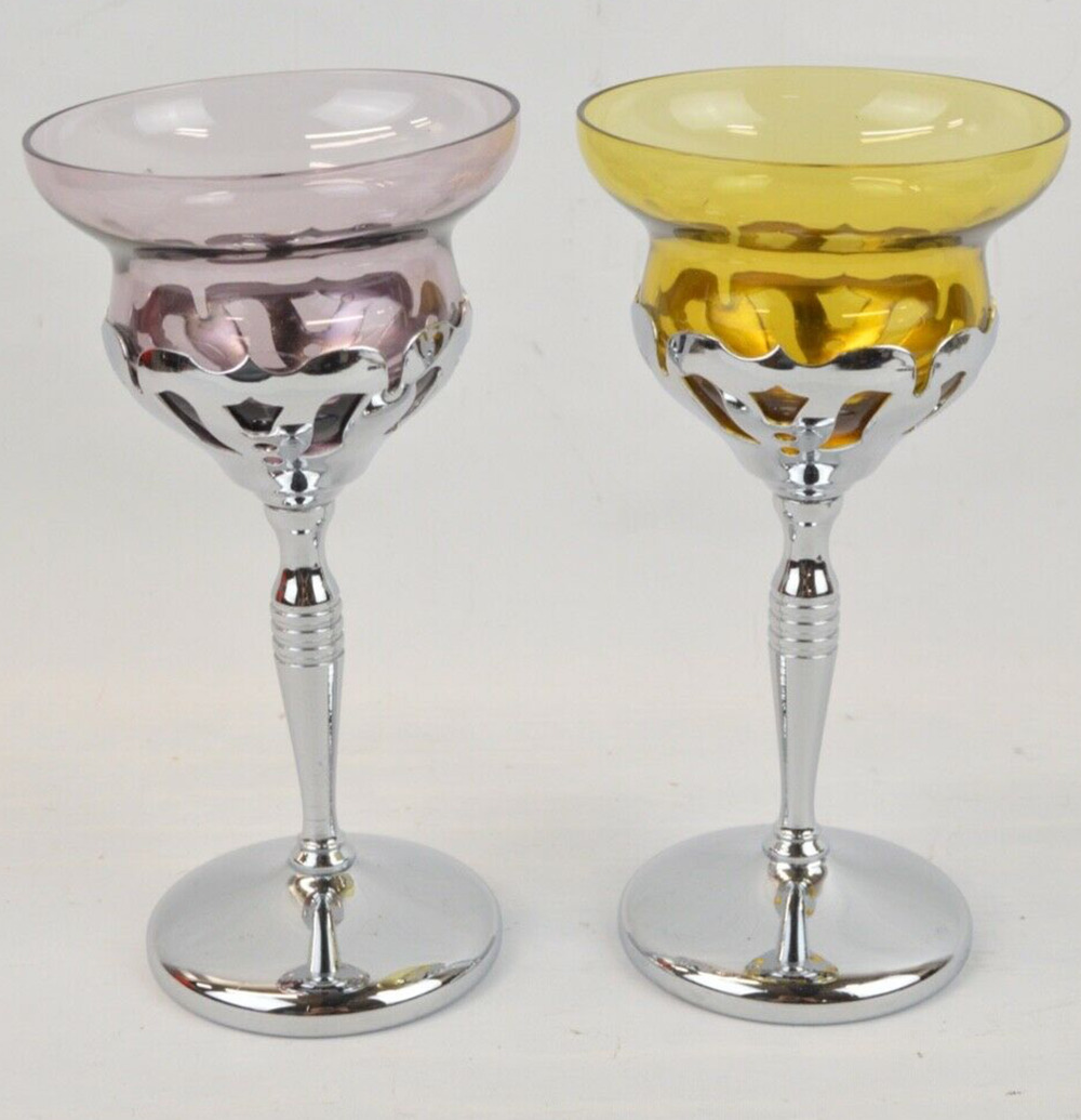 Art Deco Chrome Craft Stemmed Cocktail Glasses Cambridge Farberware Set